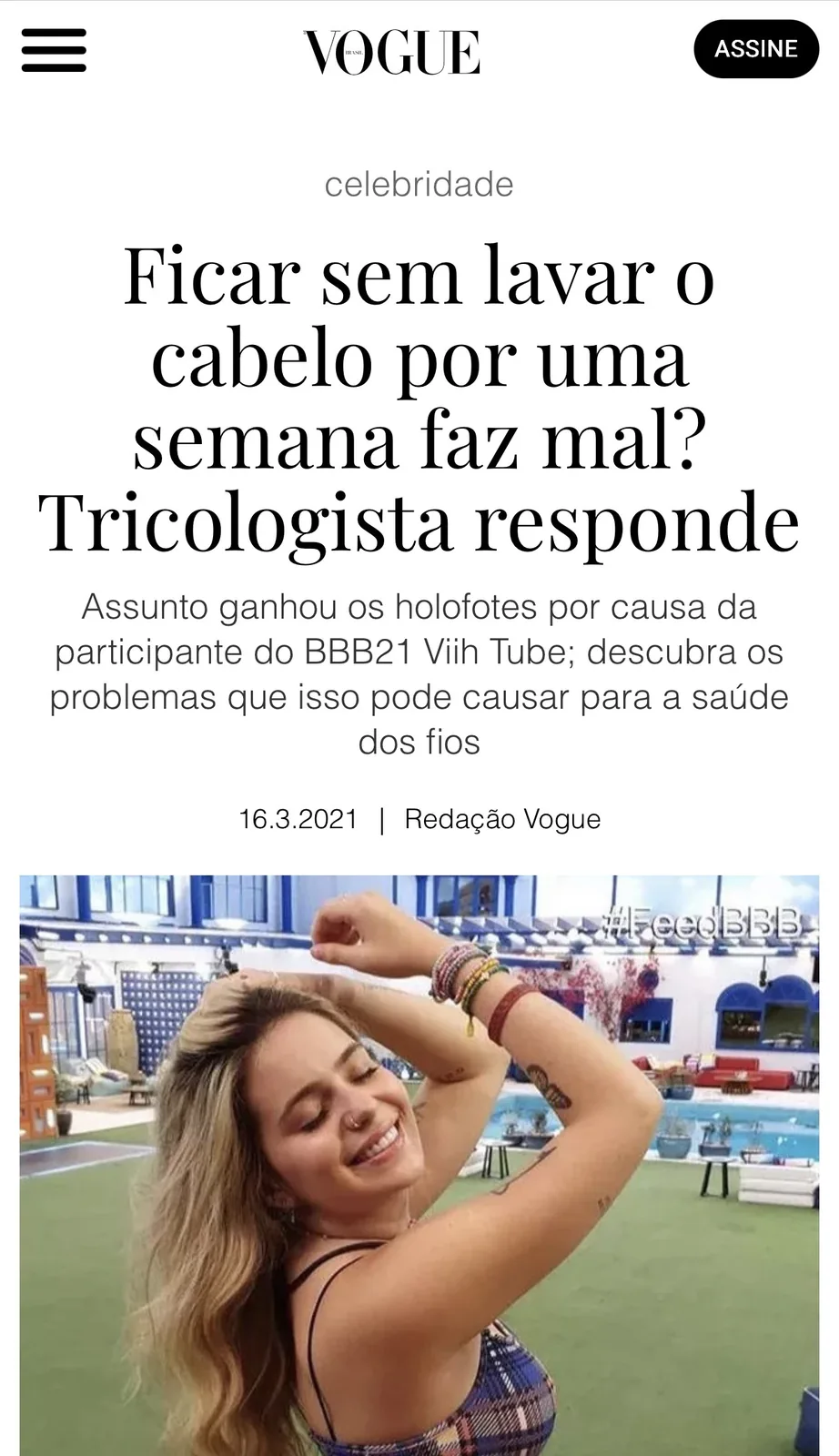 Publicação em Vogue sobre Conteúdo de tricologia