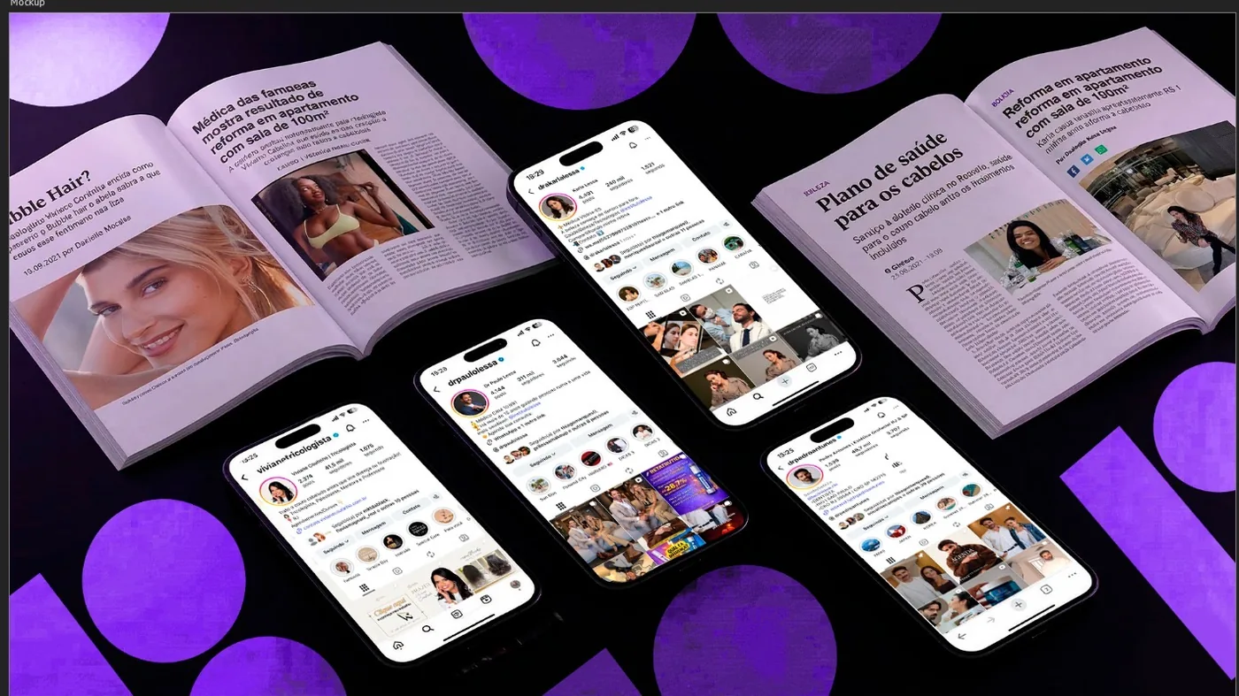 Mockup original enviado pela Black: revistas abertas e perfis profissionais em celulares